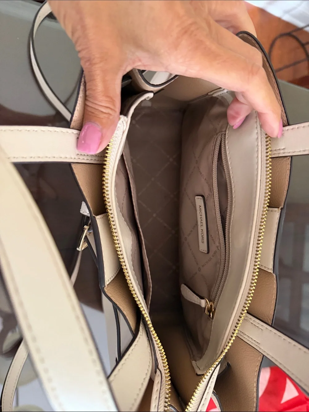 Michael Kors Cream Pebbled Leather Shoulder Tote with Gold Hardware